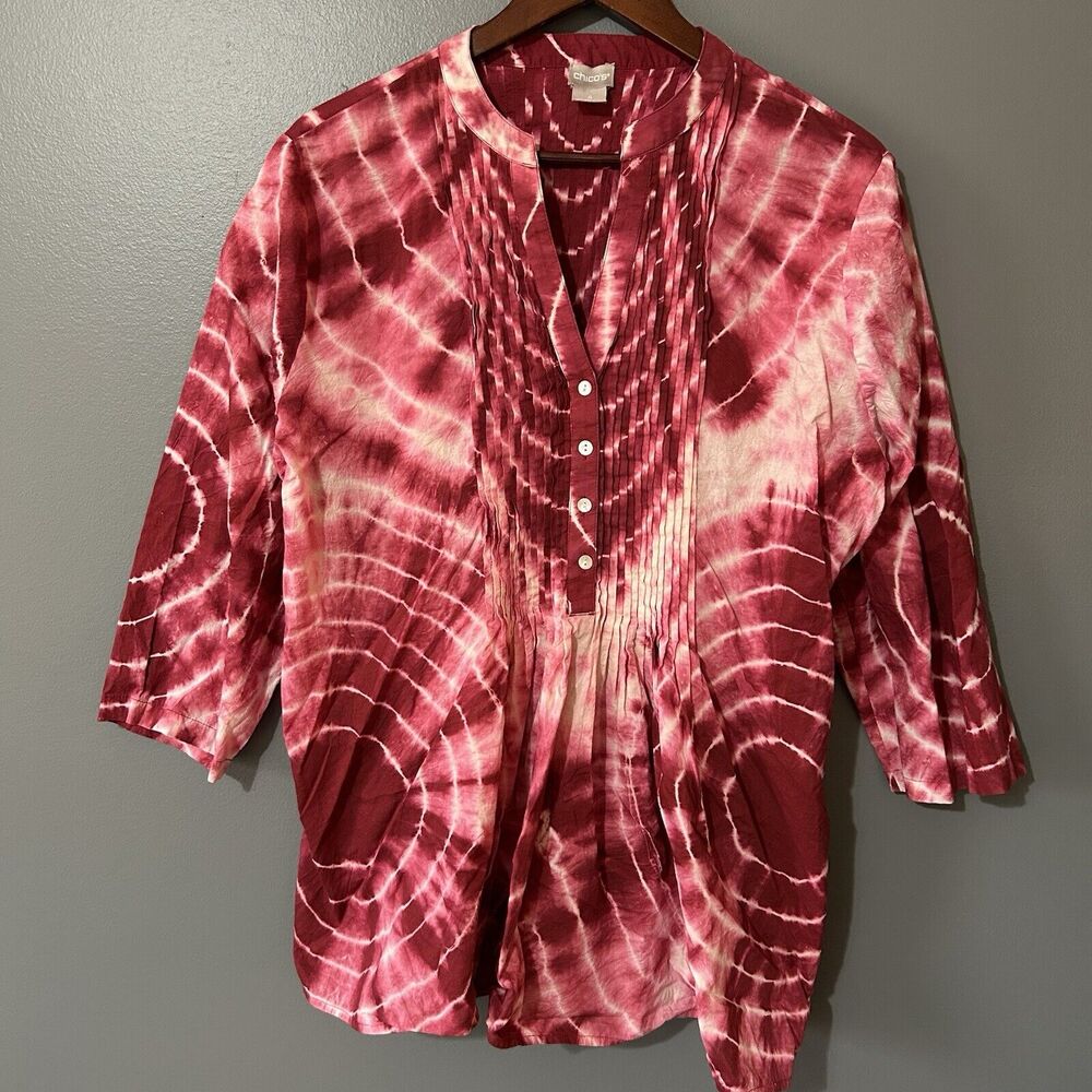Chicos 4 Top Size XXL Burnout Print Red Popover Casual Boho Groovy Womens Light